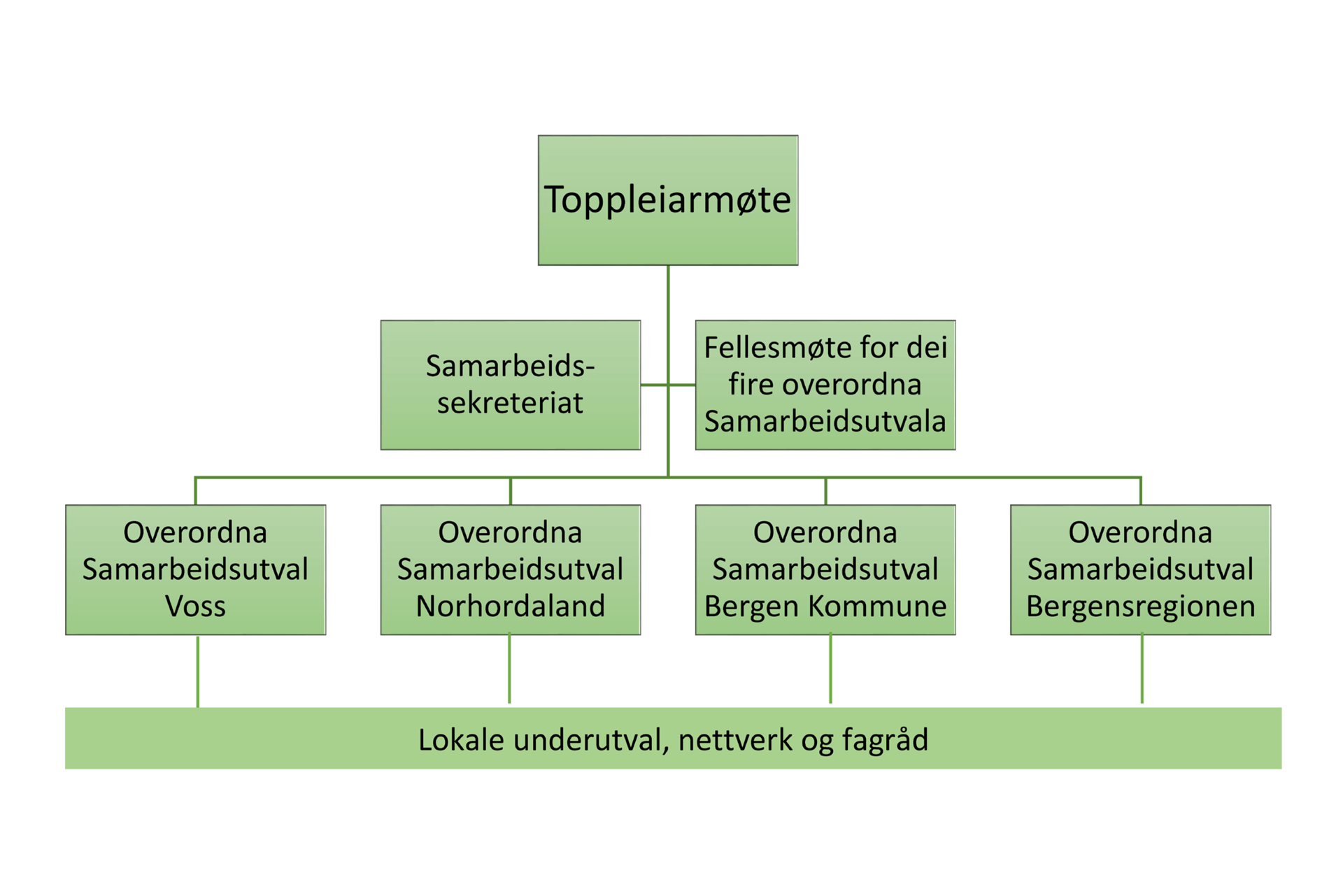 Grafisk modell som viser samarbeidsstruktur og organisering i Helse Bergen sitt føretaksområde.