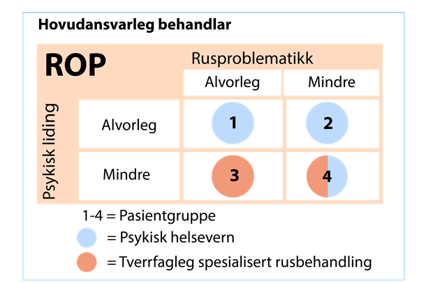 Grafisk fremstilling/matrise for kartlegging av hvem som er hovedansvarlig behandling utfra vekting av psykiske lidelser og rus.